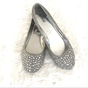 NICOLE Silver Rhinestone Cinderella Flats